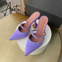 Aiertu Summer New Pointed Toe Rhinestone Sequined Stiletto Slippers Leopard Print Baotou Half Drag Sandals Aiertu