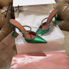 Aiertu Summer New Pointed Toe Rhinestone Sequined Stiletto Slippers Leopard Print Baotou Half Drag Sandals Aiertu