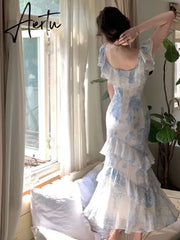 Aiertu Summer New Women Elegent Slim Party Prom Print Ruffles Dress Female Fashion French Retro One Piece Clothes Vestidos Aiertu
