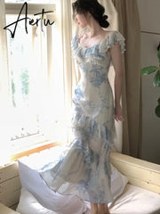 Aiertu Summer New Women Elegent Slim Party Prom Print Ruffles Dress Female Fashion French Retro One Piece Clothes Vestidos Aiertu