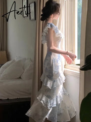 Aiertu Summer New Women Elegent Slim Party Prom Print Ruffles Dress Female Fashion French Retro One Piece Clothes Vestidos Aiertu