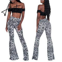 Aiertu Summer New Women High-Waist Stretch-Print Trousers Wide-Leg Loose-Fitting Trousers Sexy Flared Pants Bottom Casual Leggings Aiertu