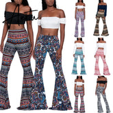 Aiertu Summer New Women High-Waist Stretch-Print Trousers Wide-Leg Loose-Fitting Trousers Sexy Flared Pants Bottom Casual Leggings Aiertu