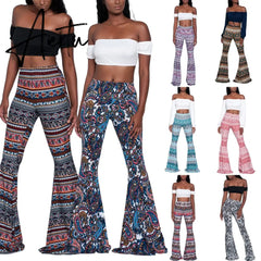 Aiertu Summer New Women High-Waist Stretch-Print Trousers Wide-Leg Loose-Fitting Trousers Sexy Flared Pants Bottom Casual Leggings Aiertu