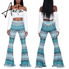 Aiertu Summer New Women High-Waist Stretch-Print Trousers Wide-Leg Loose-Fitting Trousers Sexy Flared Pants Bottom Casual Leggings Aiertu