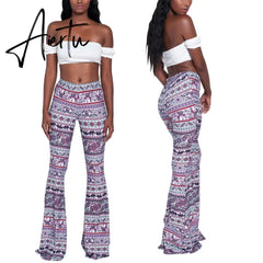 Aiertu Summer New Women High-Waist Stretch-Print Trousers Wide-Leg Loose-Fitting Trousers Sexy Flared Pants Bottom Casual Leggings Aiertu