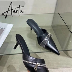 Aiertu Summer New Women Slipper Fashion Brand Zipper Pointed Toe Slip On Ladies Elegant Mules Shoes Thin High Heel Slide Aiertu