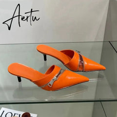 Aiertu Summer New Women Slipper Fashion Brand Zipper Pointed Toe Slip On Ladies Elegant Mules Shoes Thin High Heel Slide Aiertu