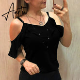 Aiertu Summer Off The Shoulder Ruffles Short Sleeve Blouse New Women Y2K Clothes Harajuku Plus Size Casual Spaghetti Strap Solid Shirts Aiertu