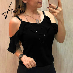 Aiertu Summer Off The Shoulder Ruffles Short Sleeve Blouse New Women Y2K Clothes Harajuku Plus Size Casual Spaghetti Strap Solid Shirts Aiertu