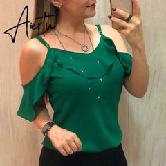 Aiertu Summer Off The Shoulder Ruffles Short Sleeve Blouse New Women Y2K Clothes Harajuku Plus Size Casual Spaghetti Strap Solid Shirts Aiertu