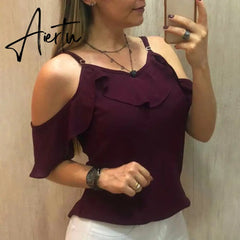 Aiertu Summer Off The Shoulder Ruffles Short Sleeve Blouse New Women Y2K Clothes Harajuku Plus Size Casual Spaghetti Strap Solid Shirts Aiertu