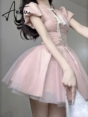 Aiertu Summer Pink Bow Fashion Elegant Dress Women Floral Print Vintage Party Mini Dress Female Puff Sleeve Korean Sweet Dress New Aiertu