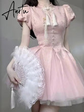Aiertu Summer Pink Bow Fashion Elegant Dress Women Floral Print Vintage Party Mini Dress Female Puff Sleeve Korean Sweet Dress New Aiertu