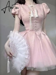Aiertu Summer Pink Bow Fashion Elegant Dress Women Floral Print Vintage Party Mini Dress Female Puff Sleeve Korean Sweet Dress New Aiertu