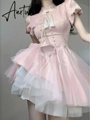 Aiertu Summer Pink Bow Fashion Elegant Dress Women Floral Print Vintage Party Mini Dress Female Puff Sleeve Korean Sweet Dress New Aiertu