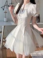 Aiertu Summer Pink Bow Fashion Elegant Dress Women Floral Print Vintage Party Mini Dress Female Puff Sleeve Korean Sweet Dress New Aiertu