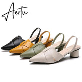 Aiertu Summer Pointed Toe Sandals Women Fashion High Quality Beige Square Heel Shoes Casual Sweet Party Yellow High Heels Plus Size 42 Aiertu