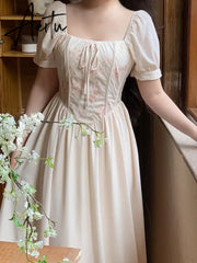 Aiertu Summer Print Elegant Sweet Dress Women Puff Sleeve France Vintage Princess Dress Female Korean Style Party Midi Dress New Aiertu