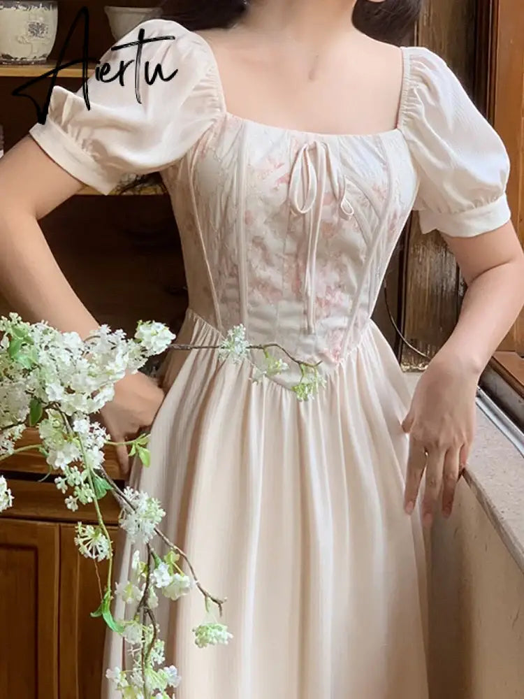 Aiertu Summer Print Elegant Sweet Dress Women Puff Sleeve France Vintage Princess Dress Female Korean Style Party Midi Dress New Aiertu