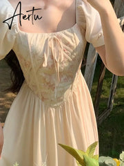 Aiertu Summer Print Elegant Sweet Dress Women Puff Sleeve France Vintage Princess Dress Female Korean Style Party Midi Dress New Aiertu