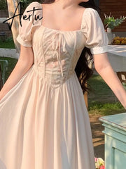 Aiertu Summer Print Elegant Sweet Dress Women Puff Sleeve France Vintage Princess Dress Female Korean Style Party Midi Dress New Aiertu