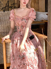 Aiertu Summer Print Floral France Vintage Dress Women Puff Sleeve Evening Party Midi Dress Female Lace Elegant Sweet Fairy Dress Aiertu