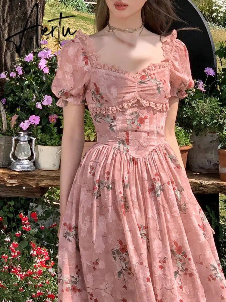 Aiertu Summer Print Floral France Vintage Dress Women Puff Sleeve Evening Party Midi Dress Female Lace Elegant Sweet Fairy Dress Aiertu