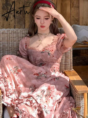 Aiertu Summer Print Floral France Vintage Dress Women Puff Sleeve Evening Party Midi Dress Female Lace Elegant Sweet Fairy Dress Aiertu