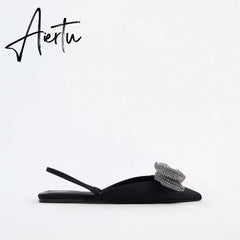 Aiertu Summer Sandals Luxury Women New Cute Fashion Black Bow Tie Rhinestone Pointed Flat Sexy Slippers Plus Size 35-41 Aiertu