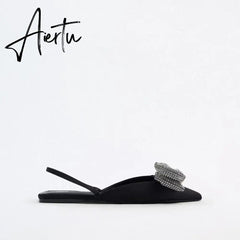 Aiertu Summer Sandals Luxury Women New Cute Fashion Black Bow Tie Rhinestone Pointed Flat Sexy Slippers Plus Size 35-41 Aiertu