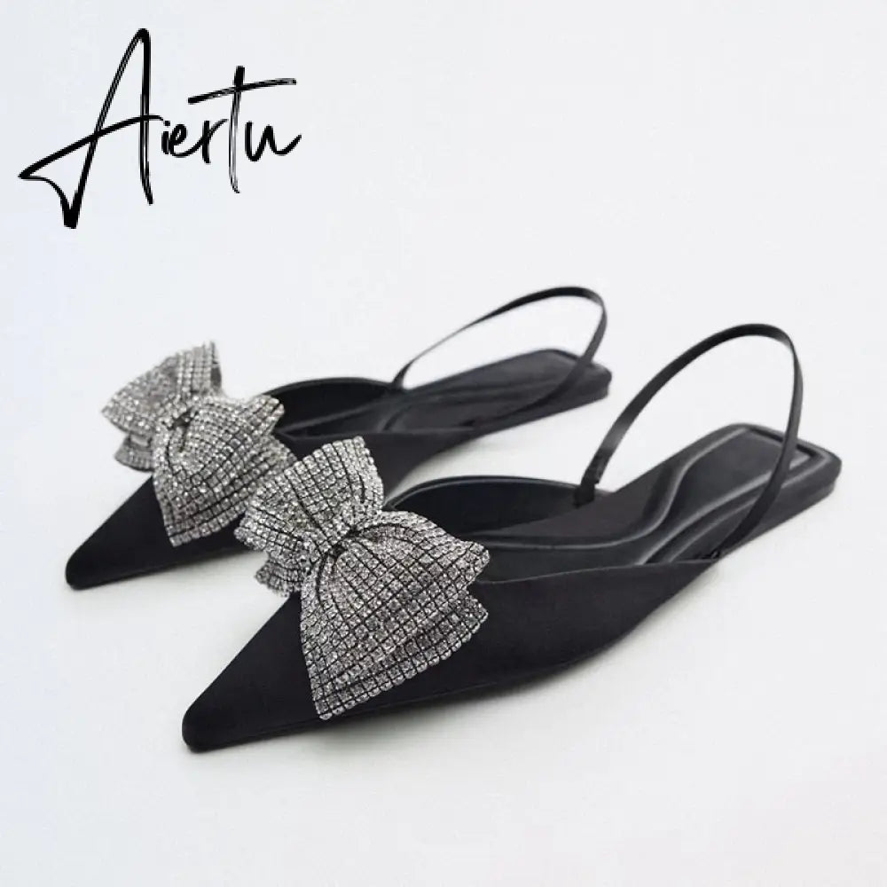 Aiertu Summer Sandals Luxury Women New Cute Fashion Black Bow Tie Rhinestone Pointed Flat Sexy Slippers Plus Size 35-41 Aiertu