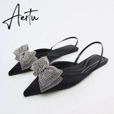 Aiertu Summer Sandals Luxury Women New Cute Fashion Black Bow Tie Rhinestone Pointed Flat Sexy Slippers Plus Size 35-41 Aiertu