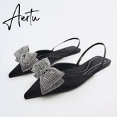 Aiertu Summer Sandals Luxury Women New Cute Fashion Black Bow Tie Rhinestone Pointed Flat Sexy Slippers Plus Size 35-41 Aiertu