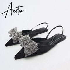 Aiertu Summer Sandals Luxury Women New Cute Fashion Black Bow Tie Rhinestone Pointed Flat Sexy Slippers Plus Size 35-41 Aiertu