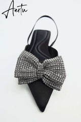 Aiertu Summer Sandals Luxury Women New Cute Fashion Black Bow Tie Rhinestone Pointed Flat Sexy Slippers Plus Size 35-41 Aiertu
