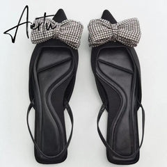 Aiertu Summer Sandals Luxury Women New Cute Fashion Black Bow Tie Rhinestone Pointed Flat Sexy Slippers Plus Size 35-41 Aiertu