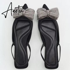 Aiertu Summer Sandals Luxury Women New Cute Fashion Black Bow Tie Rhinestone Pointed Flat Sexy Slippers Plus Size 35-41 Aiertu