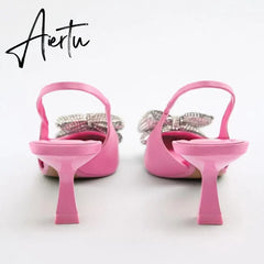 Aiertu Summer Sandals Luxury Women New Cute Fashion Pink Bow Tie Rhinestone Pointed High Heels Sexy Pumps Plus Size 35-41 Aiertu