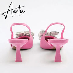 Aiertu Summer Sandals Luxury Women New Cute Fashion Pink Bow Tie Rhinestone Pointed High Heels Sexy Pumps Plus Size 35-41 Aiertu