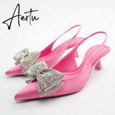 Aiertu Summer Sandals Luxury Women New Cute Fashion Pink Bow Tie Rhinestone Pointed High Heels Sexy Pumps Plus Size 35-41 Aiertu
