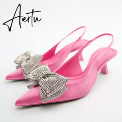 Aiertu Summer Sandals Luxury Women New Cute Fashion Pink Bow Tie Rhinestone Pointed High Heels Sexy Pumps Plus Size 35-41 Aiertu