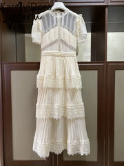 Aiertu Summer Self Portrait Beige Pleated Dress Women Short Sleeve Lace Patchwork Cascading Ruffles Long Dress Female Layer Cake Dress Aiertu