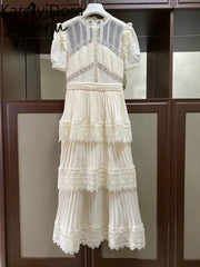 Aiertu Summer Self Portrait Beige Pleated Dress Women Short Sleeve Lace Patchwork Cascading Ruffles Long Dress Female Layer Cake Dress Aiertu
