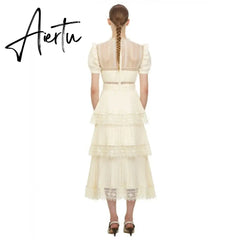 Aiertu Summer Self Portrait Beige Pleated Dress Women Short Sleeve Lace Patchwork Cascading Ruffles Long Dress Female Layer Cake Dress Aiertu