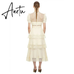 Aiertu Summer Self Portrait Beige Pleated Dress Women Short Sleeve Lace Patchwork Cascading Ruffles Long Dress Female Layer Cake Dress Aiertu