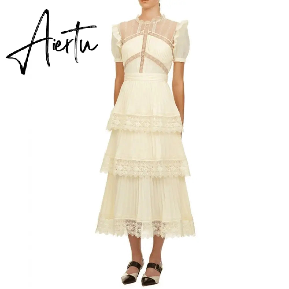 Aiertu Summer Self Portrait Beige Pleated Dress Women Short Sleeve Lace Patchwork Cascading Ruffles Long Dress Female Layer Cake Dress Aiertu