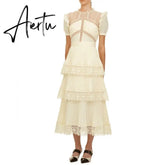 Aiertu Summer Self Portrait Beige Pleated Dress Women Short Sleeve Lace Patchwork Cascading Ruffles Long Dress Female Layer Cake Dress Aiertu