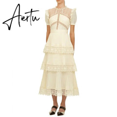 Aiertu Summer Self Portrait Beige Pleated Dress Women Short Sleeve Lace Patchwork Cascading Ruffles Long Dress Female Layer Cake Dress Aiertu