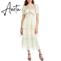 Aiertu Summer Self Portrait Beige Pleated Dress Women Short Sleeve Lace Patchwork Cascading Ruffles Long Dress Female Layer Cake Dress Aiertu